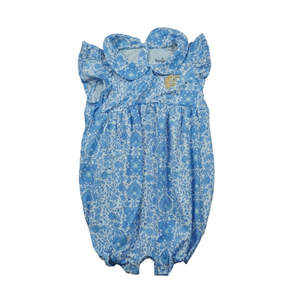 Turtles & Tees Girls Nala‎ Romper Riviera White Blue Floral UPF 40+ 18-24 Months